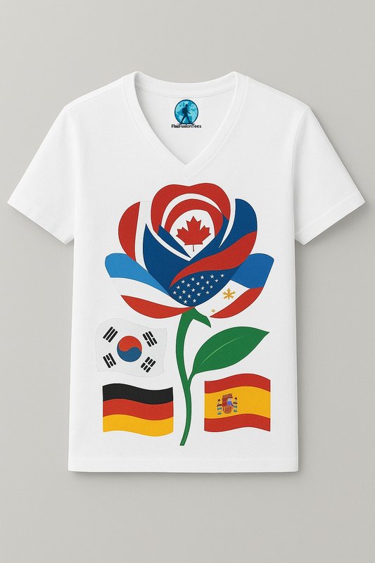 Short Sleeve V-neck T-Shirt for Women Rose Shape Multi Flag